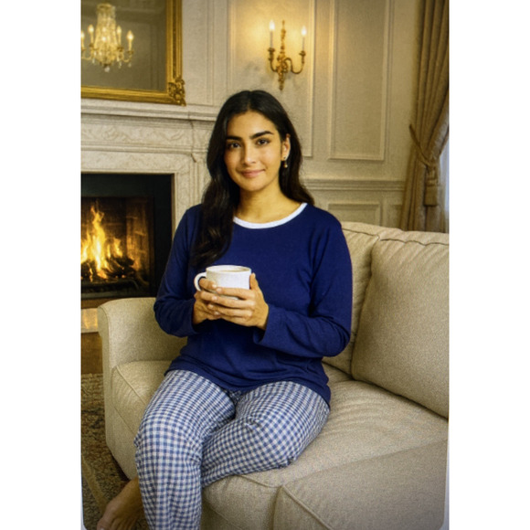 Lands End 1X Pajama Set Womens XL Long Sleeve Pullover Elastic Blue check 16 18w - Picture 1 of 13